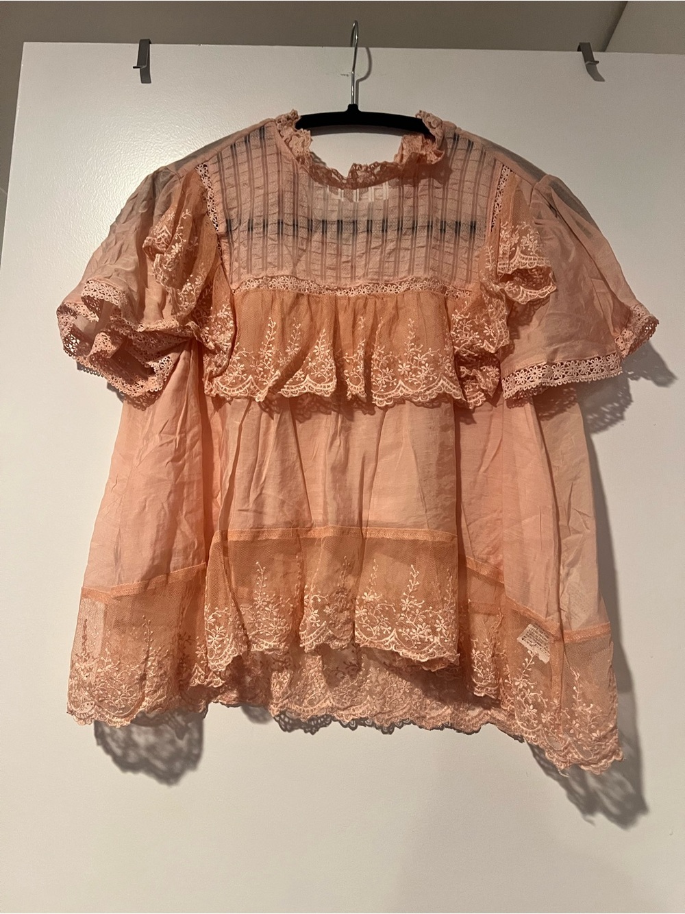 SHEIN Peach Lace Trim Ruffle Blouse